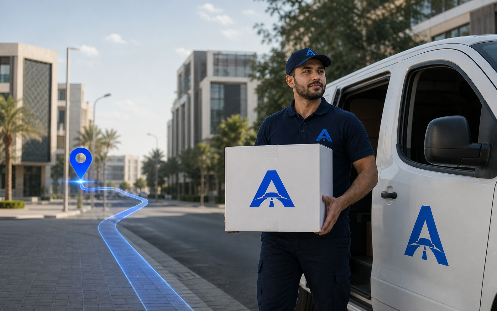 مندوب Automate يحمل شحنة قطع غيار بجانب سيارة التوصيل مع مسار الموقع